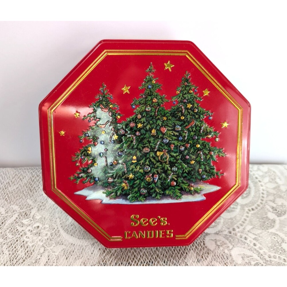 Vintage Christmas Tin See's Candies 2001 Red 8" Octagon
